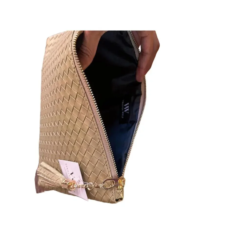 Virginia Wolf Leather Metallic Gold Woven Clutch Cosmetic Bag NWT